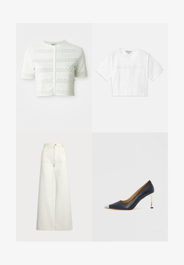 Bijela kratka kardigan s kratkim rukavima, s kopčanjem od bisernih dugmadi i horizontalnim mrežastim trakama ukrašenim malim biserima na prednjem dijelu i rukavima.; Bijela skraćena majica od pamuka, sa kratkim rukavima i logotipom "MICHAEL KORS" u istom vezenom tekstu preko prednje strane.; Široke traperice u boji krem-paleža. Visoki struk s kopčanjem na dugme, dva prednja džepa i kontrastni šavovi.; Smeđe plava kožna ženska cipela s visokim potpeticama i šiljastim vrhom, s metalnim srebrnim vrhom i sjajnom srebrnom štiklom.