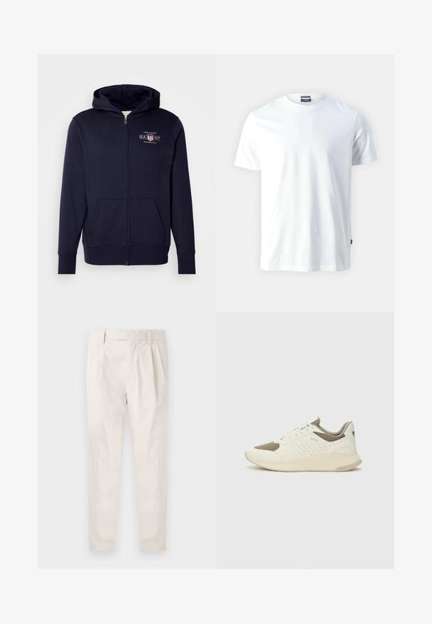 Marineblå hettejakke i bomullsblanding, med frontlogo, kenguro-lommer, ribbestrikkede mansjetter og hette med snor.; Hvit bomull T-skjorte med rund hals og korte ermer, med en subtil preget "Joop!" logo på brystet og rett nederkant.; Hvite, pregede bukser med skreddersydd passform, som har en jevn tekstur, beltehemper og avsmalnende ben. Ingen synlige lommer eller mønstre.; Hvit og lysebeige treningssko, med en mesh-overdel, perforerte detaljer og en teksturert mellomsåle med merkevare på hælen.