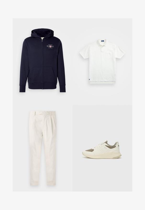 Námornícky zipsový mikina vyrobená z zmesového bavlneného materiálu, s predným logom, klokankovými vreckami, rebrovanými manžetami a kapucňou so šnúrkou.; Biela polo tričko vyrobené z bavlny, s klasickým golierom, trojbuttonovou légou a vreckom na ľavej hrudi; malé logo na spodnom leme.; Biele plisované nohavice s prispôsobeným strihom, s hladkou textúrou, pútkami na opasok a zúženými nohavicami. Žiadne viditeľné vrecká ani vzory.; Biele a svetlo béžové športové tenisky s hornou časťou z mriežkového materiálu, perforovanými detailmi a textúrovanou medzipodrážkou s logom na päte.