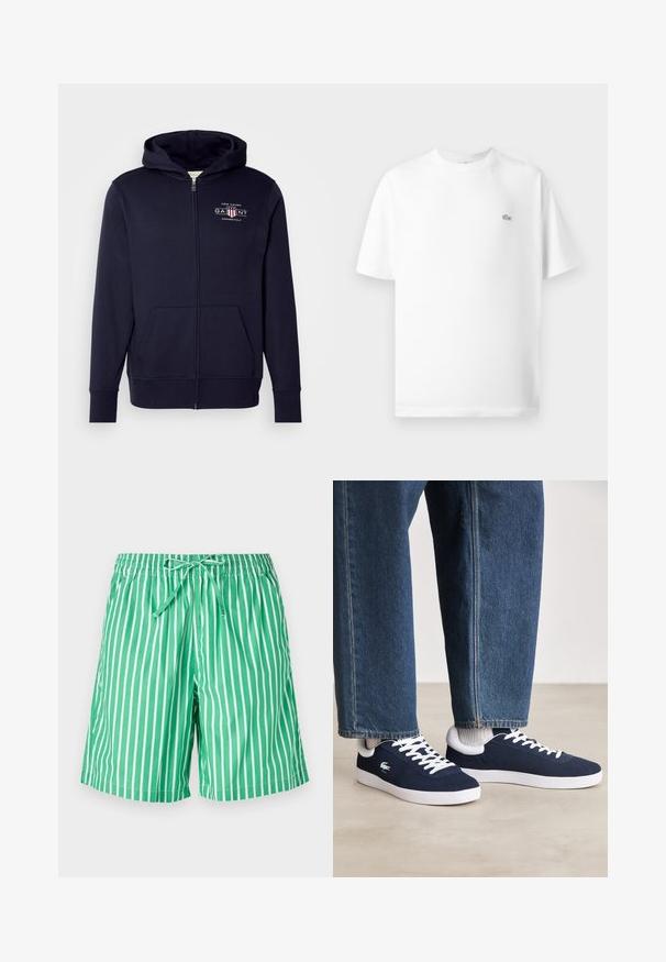 Sweatshirt azul-marinho com fecho, feito de uma mistura de algodão, apresentando um logótipo à frente, bolsos canguru, punhos canelados e capucho com cordão.; T-shirt branca de algodão com gola redonda e mangas curtas. Apresenta um pequeno logo preto da Lacoste no lado esquerdo do peito.; Calções de banho listrados verde e branco com um cós elástico e cordão. O tecido parece leve e com uma textura suave.; Sapatilhas de tela azuis com atacadores brancos e solas de borracha, exibidas com calças de ganga e meios cinza canelados, sobre uma superfície cinza clara.