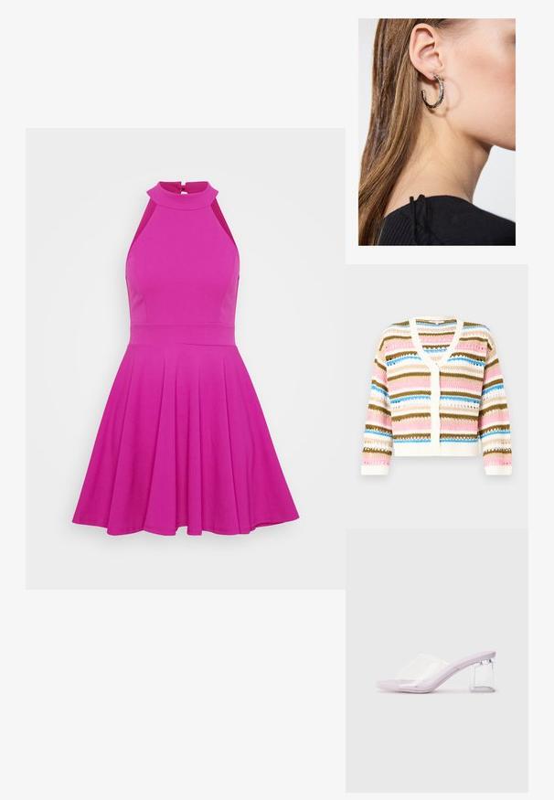 Pletený cardigan s V-výstřihem, zdobený horizontálními pruhy v růžové, modré, krémové a hnědé barvě. Zapínání na knoflíky a žebrované manžety.; Růžové dokonale padnoucí šaty s vysokým výstřihem, bez rukávů a rozšířenou sukní. Vyrobené z hladkého materiálu bez viditelných vzorů nebo kovových doplňků.; Fialové podpatky s otevřenou špičkou a průhledným plastovým svrškem a transparentním blokovým podpatkem. Hladká textura, design s otevřenou špičkou, minimalistický tvar.; Stříbrný kruhový náušník s lesklým povrchem, zdobený malými zlatými akcenty, v kulatém tvaru, nošený na lalůčku.