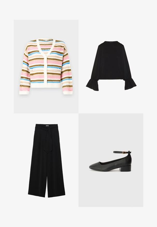 Strikket cardigan med v-hals, med horisontale striper i rosa, blå, krem og brun. Knappelukking og ribbestrikkede ermer.; Svart langermet topp med utsvingte mansjetter, myk tekstur og avslappet passform, med enkel rund hals.; Svart vide bukser med teksturert stoff, elastisk midje og avtagbart belte som gir justerbar passform.; Sorte skinnpumper med spiss tå og lav blokkhelt. Har ankelrem med gullfarget spenne. Glatt tekstur.