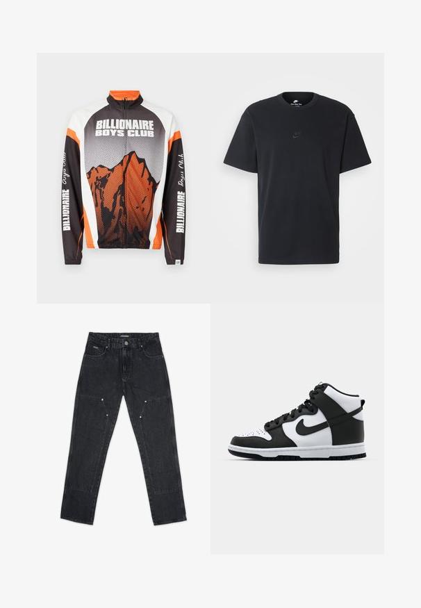 Užtraukiama striukė su aukštu apykakle, patraukli kalnų grafika oranžine ir juoda spalvomis, baltais peties intarpais ir užrašu „Billionaire Boys Club“ ant rankovių.; Juodas medvilninis Nike marškinėliai su klasikinėmis apykaklėmis, trumpomis rankovėmis ir subtiliu, įspaustu logotipu ant krūtinės. Sklandus tekstūra.; Pegador VINTO CARPENTER - Dailidės stiliaus džinsai - washed black; Juoda ir balta aukštakulnė sportinė avalynė su odiniu viršumi, perforuota pirštų dėžutė, išraiškingas swoosh logotipas ir struktūruotas gumos padas.