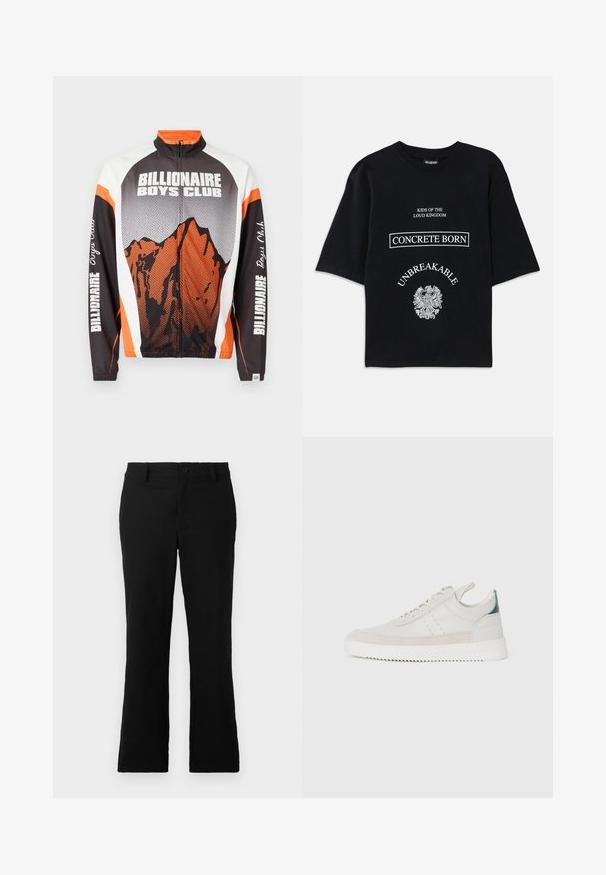 Langermet jakke med høy krage og glidelås, med et fjellgrafikk i oransje og svart, hvite skuldre og "Billionaire Boys Club" tekst på ermene.; Svart oversized T-skjorte med hvit tekst "Kids of the Loud Kingdom," "Concrete Born," "Unbreakable," og et detaljert ørner Graphic under.; Svarte vide bukser laget av en bomullsblanding, med knappelukking, beltehemper og en glatt tekstur uten synlige mønstre.; Hvite lær sneakers med grå semsket skinndetaljer, snøring, bånd for å dra opp, og en teksturert gummisåle med en sikksakk-mønster.