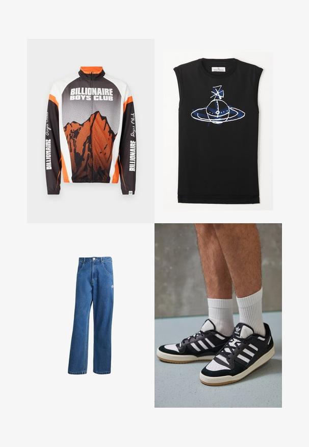 Bunda na zip s vysokým límcem, s horskou grafikou v oranžové a černé barvě, s bílými rameny a potiskem "Billionaire Boys Club" na rukávech.; Černý tílko bez rukávů s modro-bílou grafickou kombinací znázorňující planetu s prsteny a satelitními prvky. Měkký bavlněný materiál.; Modré vysoké široké džíny s vysokým pasem, předními kapsami, poutky na opasek, knoflíkovým zapínáním a malým logem Adidas na pravém stehně.; Černobílé tenisky s vrchní částí z semišové a kožené kůže, včetně tří bílých pruhů, perforovaného špičky a podrážky z gumy.