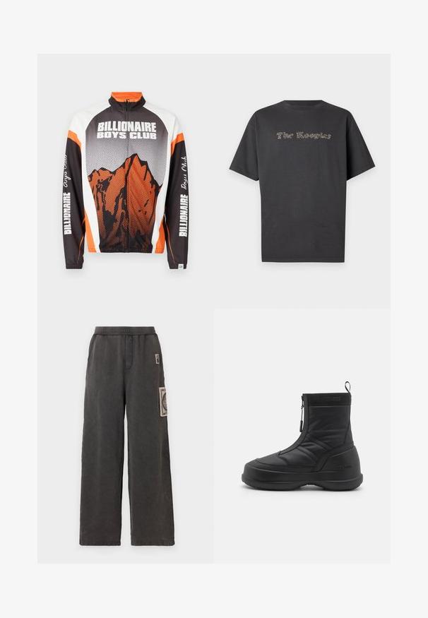 Zip-up jacket with a high collar, featuring a mountain graphic in orange and black, white shoulders, and “Billionaire Boys Club” text on sleeves.; Dark grey short-sleeve t-shirt made of cotton. Features embossed text reading "The Kooples" in a contrasting color. Classic crew neck design.; Wide-leg trousers in dark gray fabric, featuring a decorative patch on the front pocket and an elastic waistband for comfort.; Black waterproof snow boot with a smooth synthetic upper, zip closure, padded collar, and textured rubber sole. Accented with "MOON BOOT" branding.