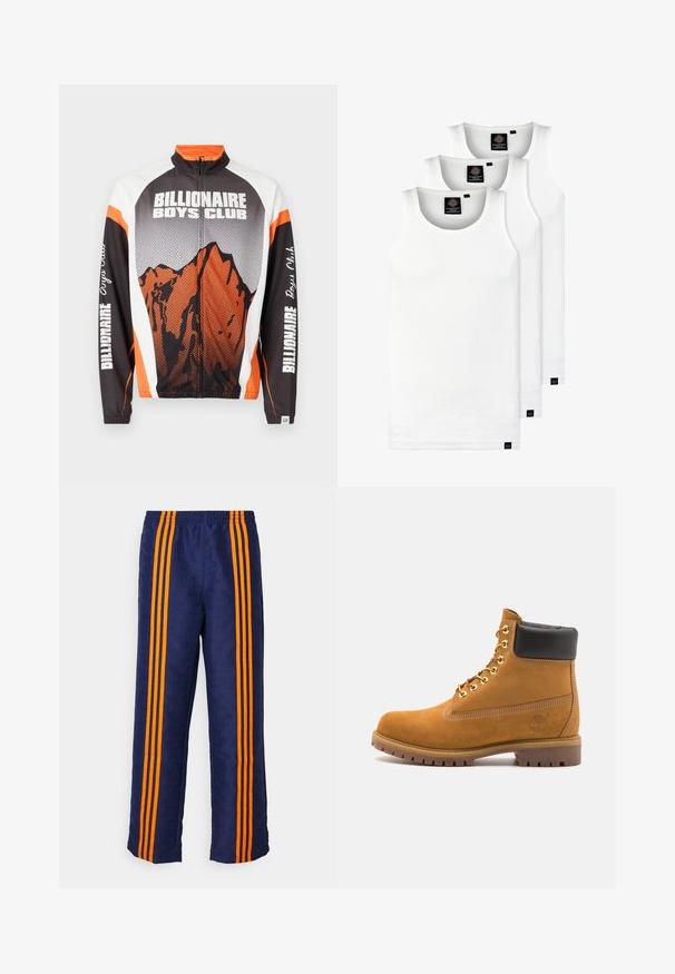 Džemper s patentnim zatvaračem i visokim ovratnikom, s grafikom planine u narandžastoj i crnoj boji, belim ramenima i tekstom "Billionaire Boys Club" na rukavima.; Tri bijele rebraste majice bez rukava od pamuka. Imaju okrugli izrez i male crne oznake blizu rubova. Dostupne su u više veličina.; Mornarsko plave hlače s uzorkom po cijeloj površini i tri debele narančaste pruge koje se protežu sa svake strane. Elastični pojas na vrhu.; Antracitne antilop čizme do gležnjeva s crnim podstavljenim ovratnikom, zlatnim metalnim rupicama, bijelim šavovima i robusnom gumenom potplatom s izraženim šarama.