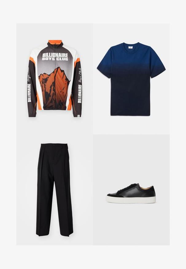 Jacka med dragkedja och hög krage, med en bergsdesign i orange och svart, vita axlar, och texten "Billionaire Boys Club" på ärmarna.; Mörkblå bomullströja med rund hals, korta ärmar och en subtil gradientdesign som övergår från ljusare till mörkare nyanser.; Svarta plisserade byxor med en rak, bred bendesign. Tillverkade av ett slätt tyg, med knäppning fram och bälteshällor.; Svarta lädersneakers med mockadetaljer, rund tå, platt vit gummisula och kontrasterande texturer på kroppen och snörningen.