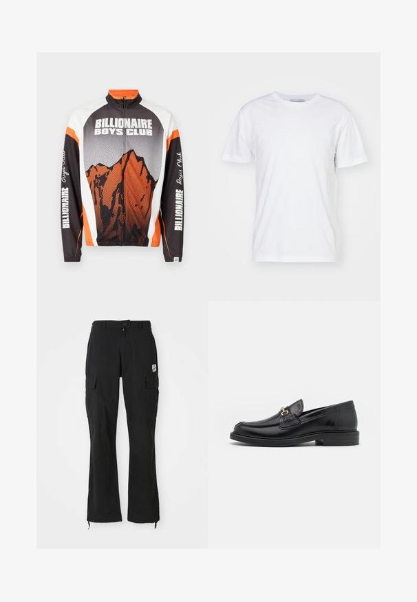 Zip-up jacket with a high collar, featuring a mountain graphic in orange and black, white shoulders, and “Billionaire Boys Club” text on sleeves.; White cotton t-shirt with a crew neckline, short sleeves, and a straight cut. No patterns or embellishments, smooth texture, and plain design.; Black straight-leg cargo pants with button closure, side flap pockets, and small white logo on right thigh.; Black leather loafers with a rounded toe, featuring gold hardware accent and stitching detail, set on a low, textured rubber sole.