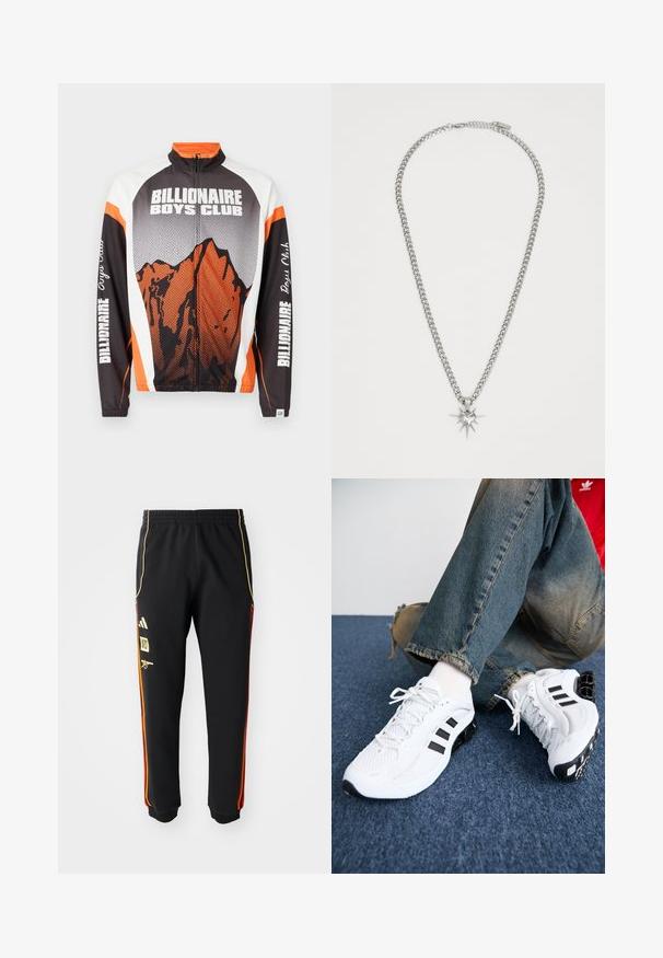 Zip-up jacket with a high collar, featuring a mountain graphic in orange and black, white shoulders, and “Billionaire Boys Club” text on sleeves.; Three plain white cotton t-shirts with short sleeves. Each shirt features a round neckline and a small black logo tag on the left side.; Black athletic pants with elastic waist, gold and red side stripes, and yellow logos on the left thigh.; White mesh athletic shoes with black accents, featuring a textured design and distinctive sole, paired with blue denim jeans.; FAINZ SPIKE HEART CHAIN UNISEX - Necklace - silver-coloured