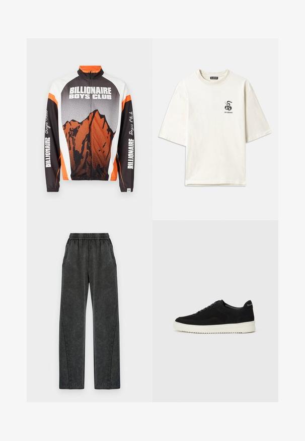 Kummikuga jakk kõrge kaelusega, millel on oranž ja must mägigraafika, valged õlad ja "Billionaire Boys Club" tekst varrukatel.; Kreemivalge suur T-särk, mis on valmistatud puuvillast. Omab lühikesi varrukaid ja väikest musta mao graafikat vasakul rinnal.; Mustad, kerged püksid elastse vöökohaga, küljetaskute ja pleekinud tekstuuriga. Sirge säärtega disain ja nähtavad õmbluste detailid.; Mustad suede jooksujalatsid, millel on paelad ja kontrastne valge kummitald. Omab tekstuuriga külgpaneele ja tagasihoidlikku brändimist kandadel.
