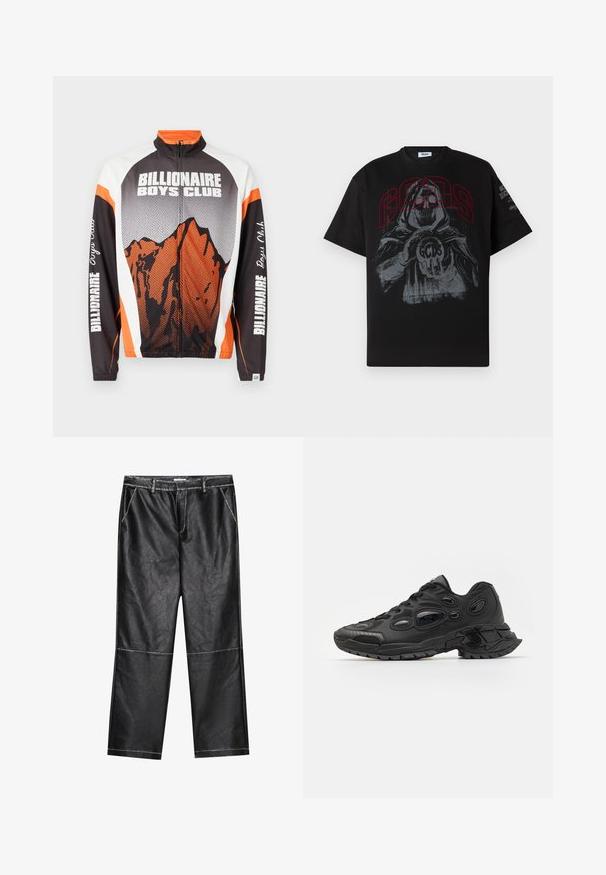 Rāvējslēdzēja jaka ar augstu apkakli, ar kalnu grafiku oranžā un melnā krāsā, baltām plecu daļām un tekstu "Billionaire Boys Club" uz piedurknēm.; Melna kokvilnas T-kreklu ar lielu grafiku, kurā attēlots skaitlis ar kapuci, kurš tur bumbu ar "GCDS" sarkanā krāsā, īsām piedurknēm un apaļu apkakli.; Melnas mākslīgās ādas bikses, platām kājām, ar šuvju detaļām un priekšējām kabatām, ar gludu, nedaudz atspoguļojošu tekstūru.; Melnas sporta kurpes ar teksturētu sintētisku augšdaļu, noapaļotu purngalu un izteiksmīgiem ovāliem izgriezumiem. Ar izturīgu gumijas zoli, nodrošinot saķeri.