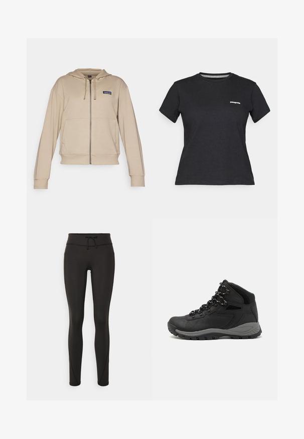 Beige mikina na zips s predným vreckom, nastaviteľnou kapucňou na sťahovanie a malým logom na ľavej hrudi. Mäkka tkanina s rebrovanými manžetami.; Čierne bavlnené tričko s okrúhlym výstrihom a krátkymi rukávmi. Obsahuje biele logo "Patagonia" v ľavej časti hrudníka.; Čierne legíny s vysokým pásom, so šnúrkou na stiahnutie, hladkou textúrou a priliehavým strihom. Obsahujú švy po stranách.; Čierna turistická obuv s polovičným strihom, s textúrovaným zvrškom, šedými akcentmi a odolnou gumovou podrážkou s protišmykovými hrebienkami.