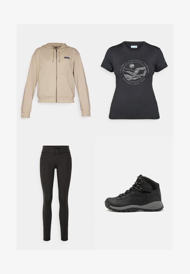 Beige mikina na zips s predným vreckom, nastaviteľnou kapucňou na sťahovanie a malým logom na ľavej hrudi. Mäkka tkanina s rebrovanými manžetami.; Čierne tričko Columbia s bielou kruhovou grafikou hory a rieky a textom "Columbia Sportswear Company vonku od roku 1938."; Čierne legíny s vysokým pásom, so šnúrkou na stiahnutie, hladkou textúrou a priliehavým strihom. Obsahujú švy po stranách.; Čierna turistická obuv s polovičným strihom, s textúrovaným zvrškom, šedými akcentmi a odolnou gumovou podrážkou s protišmykovými hrebienkami.