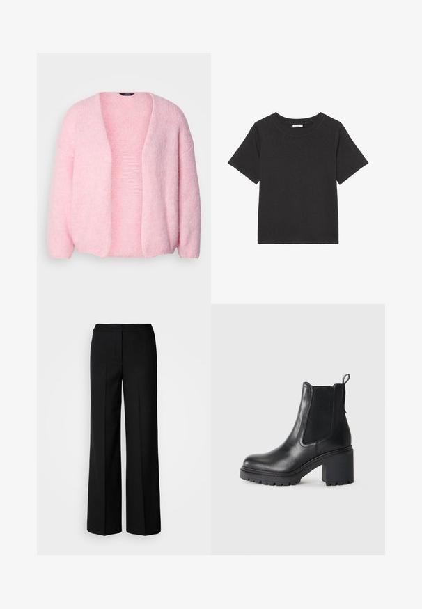 Lindex VANESSA - Strickjacke - light dusty pink; Schwarzes T-Shirt aus weichem Stoff, mit Rundhalsausschnitt und kurzen Ärmeln. Das Design ist schlicht, ohne sichtbare Muster oder Akzente.; Schwarze weit geschnittene Hosen aus glattem Stoff mit hoher Taille, taillierten Nähten und minimalistischer Gestaltung. Keine sichtbaren Beschläge oder Taschen.; Schwarze Lederstiefelette mit einem breiten Absatz, elastischen seitlichen Einsätzen und einer Zuglasche an der Rückseite. Strukturiertes Profil für besseren Grip.