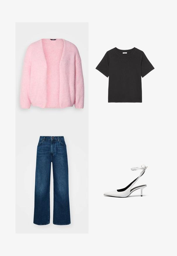 Lindex VANESSA - Neuletakki - light dusty pink; Musta t-paita, joka on valmistettu pehmeästä kankaasta ja jossa on pyöreä kaula-aukko sekä lyhyet hihat. Suunnittelu on yksinkertainen ilman näkyviä kuvioita tai korostuksia.; Korkeavyötäröiset, leveälahkeiset farkut tummansinisestä denimistä, jossa on sileä pinta, kontrastivärinen ommel ja viisi taskua. Edessä nappisulku.; Valkoiset teräväkärkiset slingback-kengät, joissa on ohut nilkkahihna. Tasainen nahkamateriaali, ohut piikkikorko ja musta sisävuori.