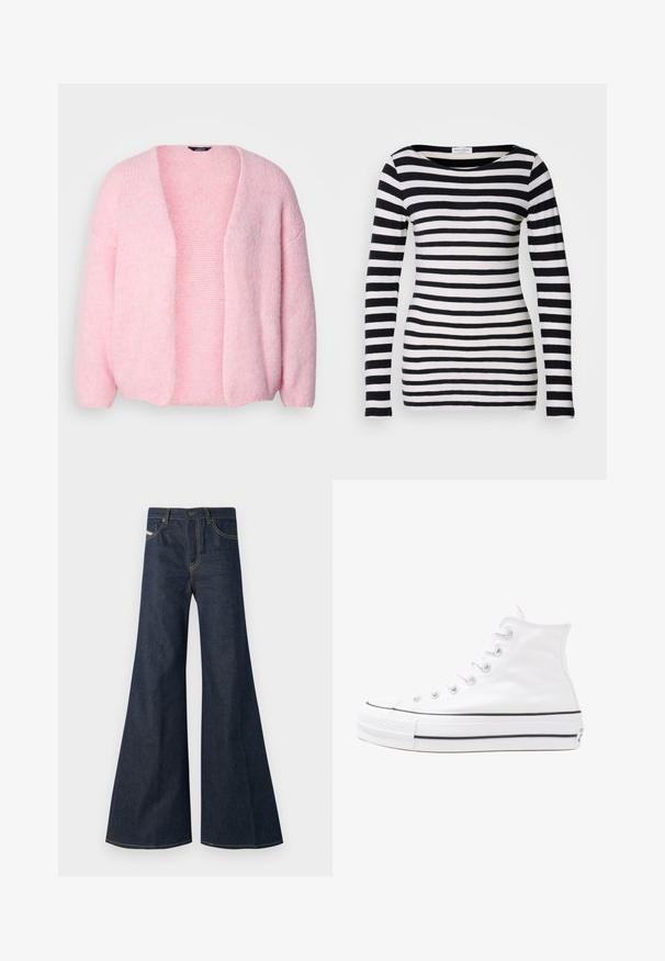 Lindex VANESSA - Cardigan - light dusty pink; Long-sleeve black and white striped shirt with a wide neckline. Made of soft fabric, featuring even horizontal stripes.; Dark blue flared jeans made of denim, featuring a high waist, gold stitching accents, and two front pockets with a button closure.; White high-top canvas sneaker with black rubber sole, front rubber toe cap, and six eyelets for laces, featuring a clean, minimalist design.