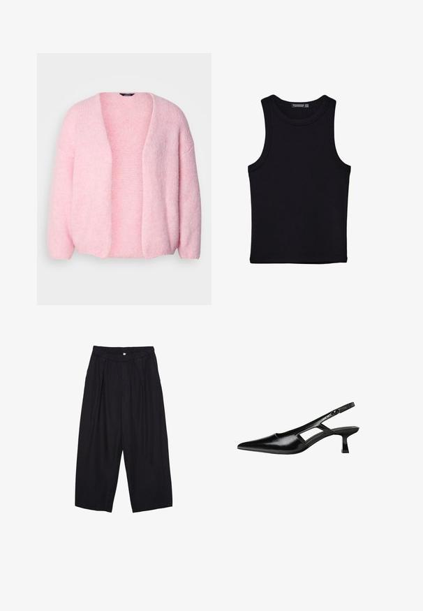 Lindex CARDIGAN VANESSA - Jopica - light dusty pink; Črna majica brez rokavov iz bombaža, z okroglim izrezom in širokimi odprtinami za roke. Gladka tekstura s šivi na robovih. Klasičen, minimalističen dizajn.; Črne poliesterske culotte hlače z elastičnim pasom, dvema sprednjima nabiranjema in ohlapnim krojem. Brez vidnih vzorcev ali kovinskih detajlov.; Črne patentični usnjeni salonarji s slingback designom, z zašiljenim nosom, izrezanim stranskim dizajnom in majhnim kvadratnim peto. Gladka tekstura z minimalnimi detajli.