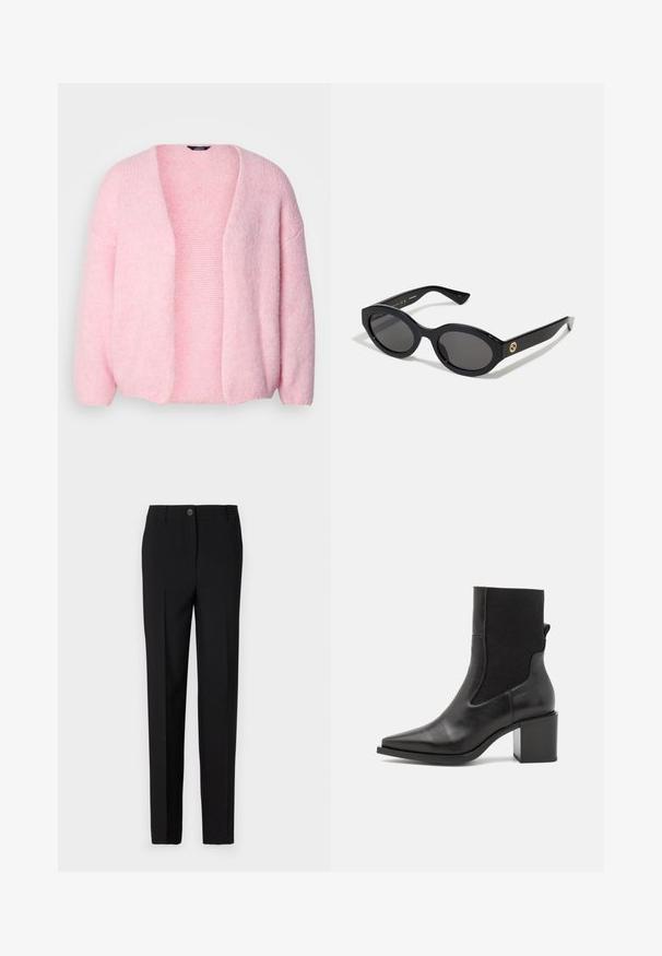 Lindex VANESSA - Cardigan - light dusty pink; Leopard print long-sleeve top with a high neckline, made of stretchy fabric. Features a tan base with brown spots. Smooth texture, fitted design.; Black tailored trousers with a straight leg design, featuring a button fastening and belt loops, made from smooth fabric.; Black ankle boot with a pointed toe, made of smooth leather and elastic fabric. Features a block heel and minimalist design.; Black oval sunglasses with dark lenses and glossy plastic frame. Features gold logo on the temple, offering a sleek and modern design.; Blue patterned handbag made of fabric, featuring a curved shape, black leather strap, and logo design in a lighter shade.