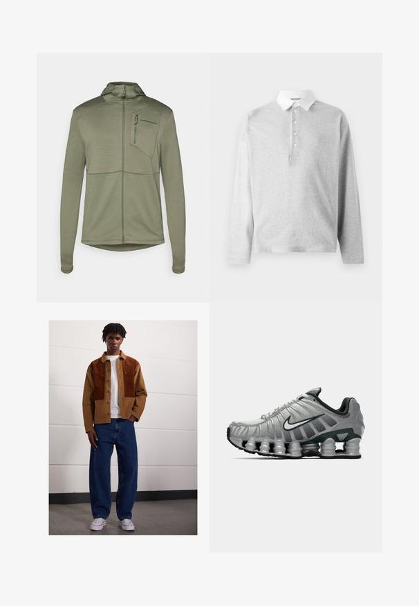 Olive roheline pikkade varrukatega tõmblukuga jakk, millel on tekstuuriga ruudumuster, kapuuts ja rinnaeend. Omab kontrastset õmblust ja pöialauke.; Hele hall polo-särk pikka varrukaga, tehtud pehmest kangast, millel on valge krae ja neli nupuvajutust. Sile tekstuur, lihtne disain.; Mees seisab siseruumides, kandes pruuni rubriikjakki roosteplekkidega, valget T-särki, lahtisi siniseid teksaseid ja valgeid spordijalanõusid.; Hallikas ja must Nike jooksutoss, mille all on näha kevadelik ammortiseerimine ja külje peal on valge sarnase logo.