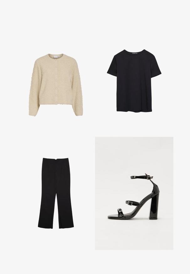 Beige texturovaný cardigan s kulatým výstřihem a zapínáním na knoflíky, vyrobený z měkké, plyšové tkaniny s žebrovanými manžetami. Design s krátkým střihem.; Jednoduché černé bavlněné tričko s krátkým rukávem a kulatým výstřihem, vystavené na bílém pozadí.; Černé kalhoty s rovným střihem, s předními kapsami a bočními rozparky na lemu. Vyrobené z jemné, hladké tkaniny. Vhodné na různé příležitosti.; Černé lakované sandály na podpatku se čtveratou špičkou, lýtkovými pásky a stříbrnými přezkami. Disponují masivním blokovým podpatkem pro stabilitu.