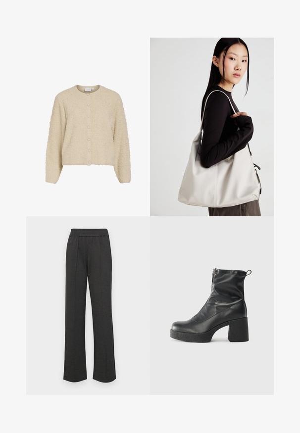 Beżowy, teksturowany kardigan z okrągłym dekoltem i zapięciem na guziki, wykonany z miękkiego, puszystego materiału i z ribbowymi mankietami. Krótkie wykończenie.; Czarny t-shirt z krótkim rękawem wykonany z miękkiej bawełny. Posiada okrągły dekolt i dopasowany krój. Gładka tekstura bez wzorów lub akcentów.; Czarne spodnie o prostych nogawkach, z elastycznym pasem, z fałdami z przodu, wykonane z miękkiego materiału, bez widocznych wzorów czy metalowych detali.; Czarne botki za kostkę wykonane z gładkiej skóry, wyposażone w boczny zamek błyskawiczny, masywny teksturowany obcas oraz zaokrąglony czubek.; Beżowa torebka wykonana z miękkiego materiału, charakteryzująca się luźnym fasonem, wyszywanymi detalami i dwoma uchwytami na ramię. Idealna na co dzień.