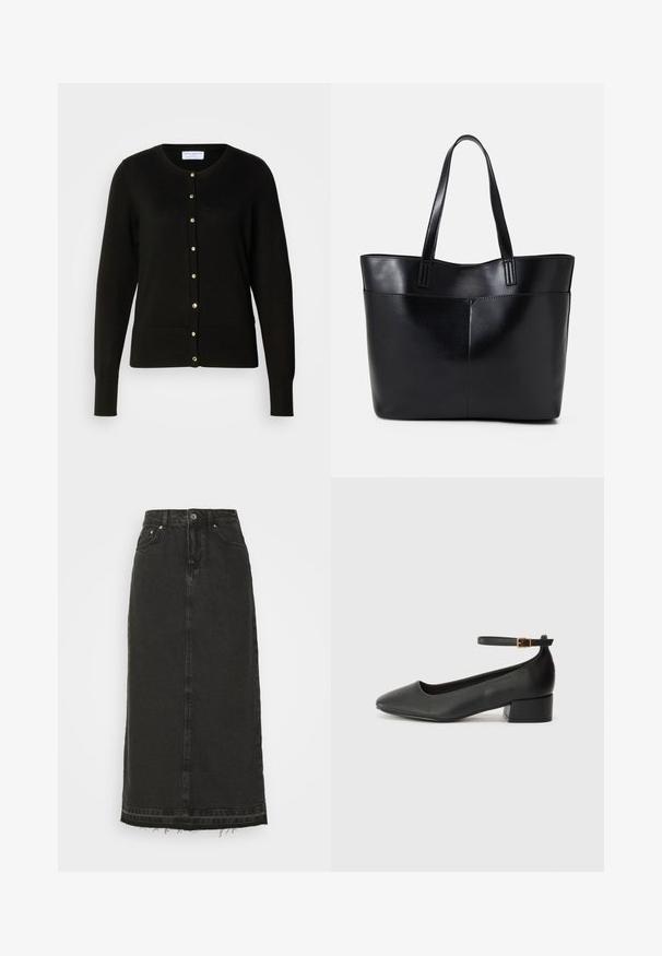 Crni kardigan od pletene tkanine, s okruglim izrezom, prilagođenim strukom, dugim rukavima i zlatnim dugmadi duž prednje strane.; Dva pamukasta crop topa u bijeloj i crnoj boji. Svaki ima dubok izrez i tanke naramenice, s glatkom, mekanom teksturom.; Crna traper midi suknja s pripijenim strukom, prednjim kopčanjem na dugmad i obrubljenim rubom. Sadrži klasičan dizajn s pet džepova i blagu teksturu.; Crne kožne pumpe s oštrim vrhom i niskom blok petom. Sadrže remen oko gležnja s zlatnim kopčanjem. Glatka tekstura.; Crna kožna torba s dugim ručkama, glatkom teksturom i strukturiranim oblikom. Ima prednju džep za dodatno pohranu.