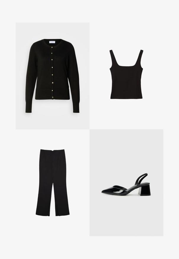 Czarny kardigan wykonany z dzianinowego materiału, z okrągłym dekoltem, dopasowaną talią, długimi rękawami oraz złotymi guzikami z przodu.; Czarny top na ram straps z kwadratowym dekoltem, wykonany z gładkiej bawełny, z grubymi ramiączkami i dopasowanym krojem.; Czarne spodnie o prostym kroju, z przednimi kieszeniami i bocznymi rozcięciami na dole. Wykonane z miękkiego, gładkiego materiału. Odpowiednie na różne okazje.; Czarne lakierowane półbuty na obcasie z wydłużonym noskiem i geometrycznym słupkiem. Charakteryzują się eleganckim, minimalistycznym designem oraz gładką fakturą.