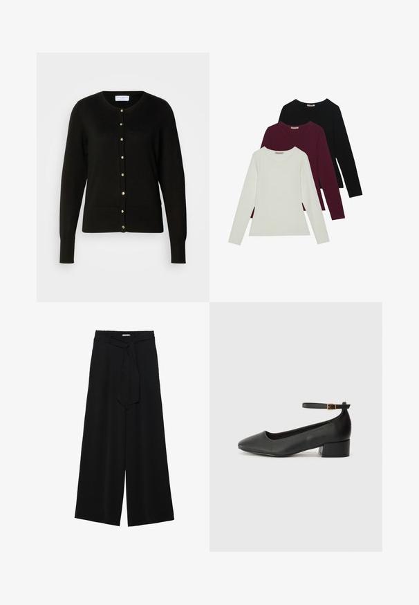 Black cardigan made of knitted fabric, featuring a round neckline, fitted waist, long sleeves, and gold-tone buttons along the front.; Long-sleeve t-shirts in white, burgundy, and black. Made of soft fabric with a round neckline and fitted design. Suitable for layering.; Black wide-leg pants featuring a textured fabric, an elastic waistband, and a detachable sash tie at the waist for adjustable fit.; Black leather pump with a pointed toe and a low block heel. Features an ankle strap with a gold-tone buckle. Smooth texture.