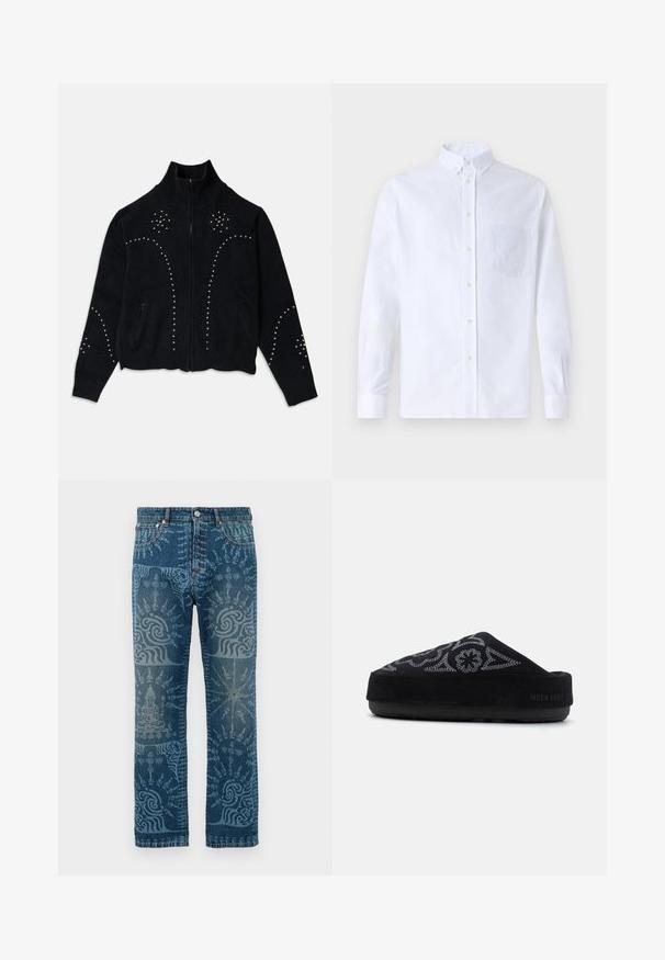 Černý pletený svetr s vysokým límcem, plným zipem a ozdobnými hřebíčky uspořádanými do květinových vzorů na přední části a rukávech.; Bílá dlouhá košile s knoflíky vyrobená z bavlny, která má náprsní kapsu s tónovanou výšivkou, límec a knoflíkové manžety.; Džíny z denimu v středně modré barvě, s jemnými světle modrými vzory, rovný střih, klasický pětikusový styl a zapínání na knoflík.; Černé semišové nazouvací boty s výšivkou, kulatou špičkou, silnou podrážkou a textem "MOON BOOT" na patě. Texturovaný povrch.