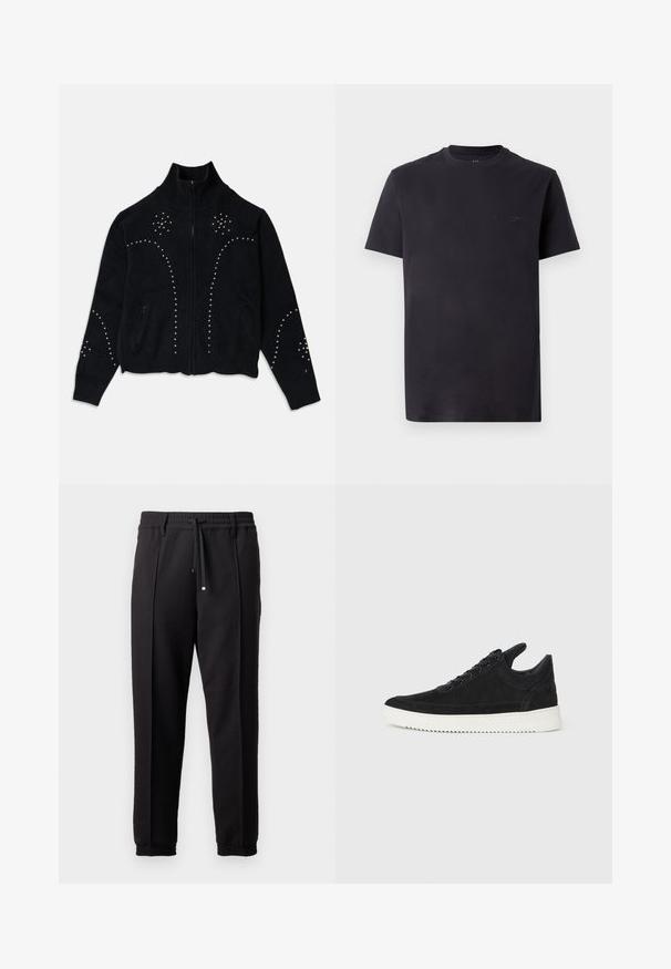 Pulôver de malha preto com gola alta, fecho éclair completo e tachas decorativas dispostas em padrões florais na frente e nas mangas.; Camiseta de algodão preta com gola redonda, mangas curtas e detalhe de logotipo em relevo no peito. Textura suave, ajuste descontraído.; Calças pretas com uma cinta na cintura, cordão ajustável e punhos elásticos. Apresenta pregas e um tecido liso e texturizado.; Sapatilha de camurça preta com sola de borracha branca, apresentando costuras tonais e um design com atacadores. Textura suave com uma forma moderna e simplificada.