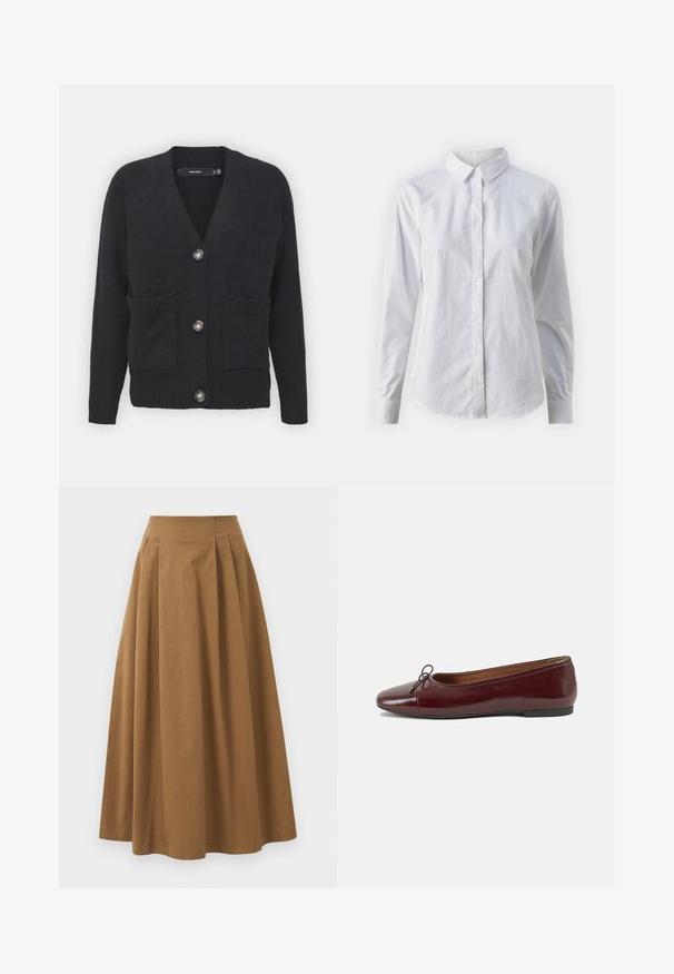 Czarny kardigan wykonany z miękkiej dzianiny, z dekoltem w kształcie V, prążkowanymi mankietami, przednimi kieszeniami i czterema dużymi guzikami.; Biała koszula zapinana na guziki, wykonana z gładkiej bawełny, z klasycznym kołnierzykiem, długimi rękawami i zaokrąglonym dołem. Guziki są małe i białe.; Brąskowa bawełniana spódnica w kształcie litery A z wysokim stanem, z plisami z przodu i gładką fakturą. Wykończenia dołu są czyste i proste.; Bordowe baleriny z lakierowanej skóry z zaokrąglonym noskiem, małą kokardką z przodu oraz niską, czarną gumową podeszwą. Gładka tekstura.