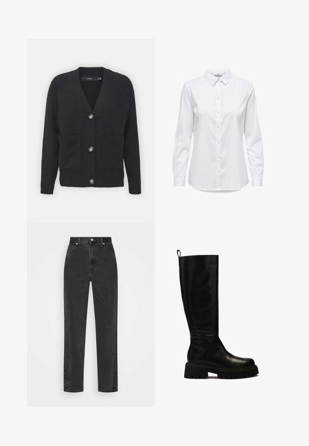 Schwarze Strickjacke aus weichem Strickstoff, mit V-Ausschnitt, gerippten Bündchen, aufgesetzten Taschen und vier großen Knöpfen.; Weißes Hemd mit langen Ärmeln, strukturiertem Kragen und abgerundetem Saum. Hergestellt aus einem glatten, einfarbigen Stoff ohne sichtbare Muster oder Akzente.; Schwarze Denim-Jeans mit geradem Bein, hoher Taille, vorderem Knopf und Reißverschluss sowie fünf Taschen auf weißem Hintergrund.; Schwarze kniehohe Lederstiefel mit sleekem Design, runder Zehenform und robuster Gummisohle mit tiefen Rillen sowie einer Anhieblasche an der Oberseite.