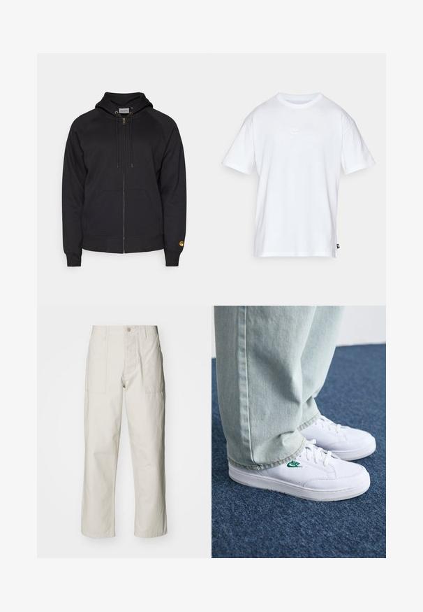 Felpa nera con zip e cappuccio, tasche frontali e polsini a costine. Presenta una cerniera in tonalità oro e il logo sulla manica sinistra. Realizzata in tessuto morbido.; T-shirt bianco in cotone con maniche corte e colletto tondo. Presenta un piccolo e discreto logo Nike sul petto e un'etichetta laterale.; Pantaloni a gamba larga beige chiaro in cotone. Presentano tasche frontali e chiusura con bottone. Tessuto liscio con sottili linee verticali.; Sneakers in pelle bianca con logo Nike verde, punta rotonda, suola piatta, abbinati a pantaloni in denim azzurro, mostrati su un tappeto blu.