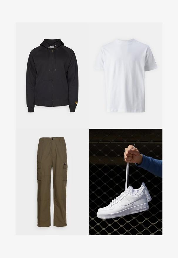 Zwarte rits-hoodie met een capuchon, voorkruiszakken en geribbelde manchetten. Voorzien van een gouden rits en logo op de linkermouw. Gemaakt van zachte stof.; Witte korte mouwen t-shirt van katoen, met een ronde hals en een zachte textuur, met een rechte snit en zonder patronen.; Olijfgroene cargobroek, gemaakt van duurzaam stof. Beschikt over twee zijzakken, een standaard taille en een rechte pijp.; Witte leren sneakers met perforaties, ronde neus, vlakke zool en dikke veters, met een zichtbare swoosh-logo en "AIR" op de hiel.