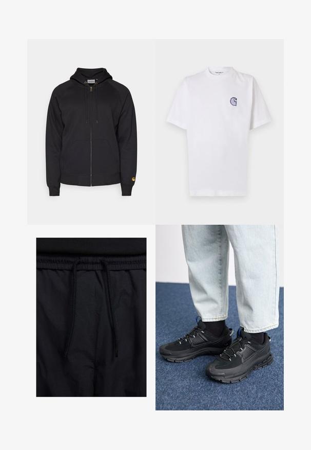 Moletão preto com fecho zip, capuz, bolsos frontais e punhos com nervuras. Apresenta um fecho e logótipo em tom dourado na manga esquerda. Feito de um tecido suave.; T-shirt branca de algodão com mangas curtas, decote redondo e um pequeno logotipo azul "C" bordado no lado esquerdo do peito.; Calções pretos com um cós elástico ajustável, fabricados em tecido leve com uma textura suave e um design simples, sem logótipos ou padrões visíveis.; Sapatilhas desportivas pretas com tecido texturizado e solas em borracha, apresentando atacadores elásticos e um detalhe azul no calcanhar. Usadas com calças de ganga claras.