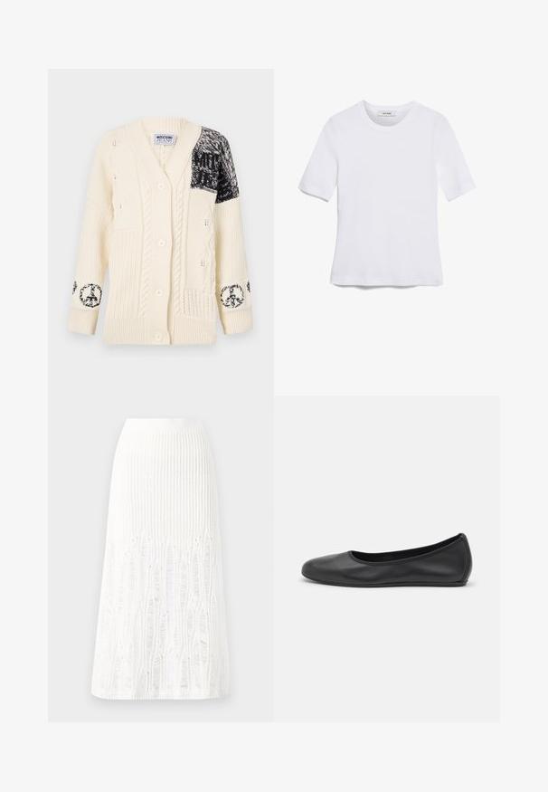 Cardigã creme com um design em ponto cabos, detalhes em preto padrão nas mangas e cinco botões na frente. Detalhamento texturizado único por todo o casaco.; T-shirt de manga curta branca feita de tecido canelado. Decote redondo, ajuste regular e detalhes de costura subtis. Sem padrões ou gráficos.; Saia midi branca de malha com um padrão texturizado com linhas verticais e detalhes recortados perto da bainha. Cintura elástica. Material suave.; Bailarina preta em pele com bico arredondado, textura suave, detalhe de costura minimalista e design de sola flexível.