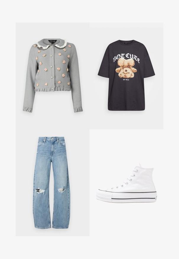 Sister Jane POND ROSE CARDIGAN - Kardigán - grey; Čierne oversized tričko s grafikou medveďa a textom "NIE ROZTOMILÉ ALE DIVOKÉ" v tučnom bielom písmene. Bavlnený materiál.; Svetlomodré, vysoké džínsy vyrobené z denimu. Majú široké nohavice, dve roztrhnuté kolená a klasický päťvreckový strih.; Biele vysoké plátené tenisky s čiernou gumovou podošvou, prednou gumovou špičkou a šiestimi okami na šnúrky, s čistým, minimalistickým dizajnom.