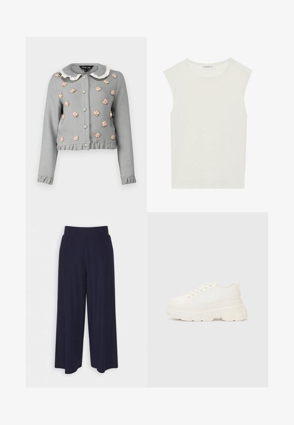 Sister Jane POND ROSE CARDIGAN - Kardigán - grey; Fehér ujjatlan felső, kerek nyakkivágással. Simább anyagból készült, laza fazonnal és minimalista kialakítással rendelkezik. Nincsenek minták vagy díszítések.; Sötét kék anyagból készült, széles lábú nadrág, bordás textúrával. Simább derékrésszel és laza szabással rendelkezik, a vádli közepéig ér.; Fehér vászon sportcipő vastag talppal, lekerekített orral és öt fűzőlyukkal. Hátulján egy fül a könnyű felvétel érdekében. Simára kidolgozott textúra, minimális dizájn.