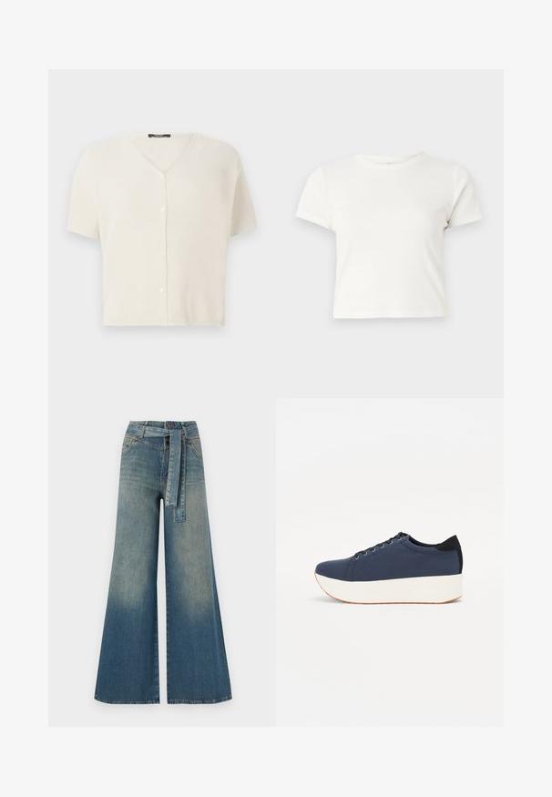 Lühikeste varrukatega nööpiga kardigan kreemjas värvitoonis, millel on V-kaelus ja tekstuurne, kerge kudum. Siledad nupud ees.; Lühike valge T-särk, mis on valmistatud puuvillast, lühikeste varrukatega, ümmarguse kaelusega ja sirge lõikega, omades sileda tekstuuri ja minimaalset disaini.; Laiad denimpüksid, millel on hele tume sinine gradiendiefekt, kõrge vöökoht, vöökumlid ja sobivast kangast vöö. Struktureeritud denimi viimistlus.; Tumedat sinised tennised tekstureeritud riidest pealispinnaga, valge platvormi tallaga, ümarate varvaste ja musta kontsapaneeliga. Omab kuut silma paelte jaoks.