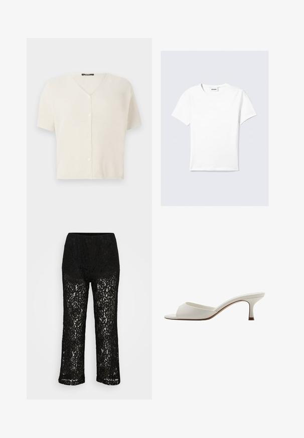 Krótki rękaw, rozpinany kardigan w kremowym kolorze, z dekoltem w kształcie litery V oraz teksturowanym, lekkim dzianinowym materiałem. Gładkie guziki z przodu.; Biała koszulka z krótkim rękawem wykonana z bawełny, z okrągłym dekoltem i prostym dołem. Minimalistyczny design bez widocznych wzorów czy akcentów.; Czarne koronkowe spodnie o szerokich nogawkach z nieprzezroczystą podszewką, kwiatowy wzór i elastyczny pas na jednolitym tle.; Białe, otwarte na palcach mule na wysokim obcasie o gładkim wykończeniu, minimalistycznym designie i smukłym obcasie, z subtelnym brązowym akcentem na podeszwie.