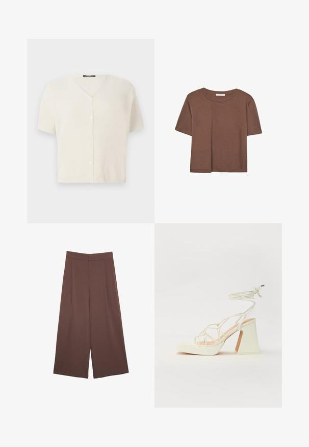 Kurze Ärmel, knöpfbare Strickjacke in Creme, mit V-Ausschnitt und strukturiertem, leichtem Strickstoff. Glatte Knöpfe vorne.; Braunes, kurzärmliges T-Shirt aus weichem Material mit rundem Halsausschnitt und lockerer Passform. Keine sichtbaren Muster oder Akzente.; Braune Weite-Leg-Hosen mit einer glatten Textur, hoher Taille und Vorderfalten. Der Stoff ist leicht und fällt locker.; Weiße High-Heel-Sandale mit einem klobigen Absatz, die über ein Riemchendesign und ein Knöchelband verfügt. Glatte Textur mit einer Plattform vorne für zusätzliche Höhe.