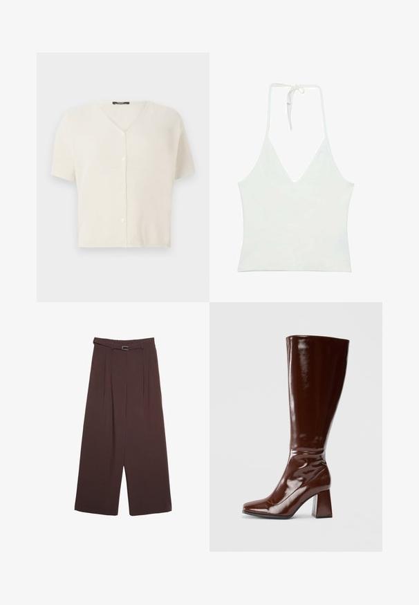Kortærmet, knappet cardigan i creme, med V-hals og tekstureret, let strikket stof. Glatte knapper foran.; Hvid halterneck tanktop med en dyb V-udskæring. Lavet af et glat, let stof. Har justerbar snøring bagpå.; Stradivarius WIDE-LEG WITH BUCKLE DETAIL - Bukser - dark brown; Knæhøje brune patentlæderstøvler med firkantet tå, glansfuld finish og en kraftig hæl for stabilitet. Sømløs design uden synligt hardware.