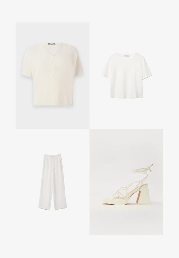 Krátky rukáv, cardigan na gombíky v krémovej farbe, s výstrihom do V a textúrovanou, ľahkou pleteninou. Hladké gombíky na prednej strane.; Biela krátkopsová tričko vyrobené z bavlny. Má okrúhly výstrih a voľný strih. Hladká textúra bez viditeľných vzorov alebo akcentov.; Biele široké nohavice vyrobené z ľahkej tkaniny. Obsahujú elastický pás so sťahovacou šnúrkou a bočné vrecká. Hladká textúra.; Biele sandále na vysokom opätku s hrubým podpätkom, s pruhovaným dizajnom a viazaním na členku. Hladký povrch s platformou vpredu pre zvýšenú výšku.