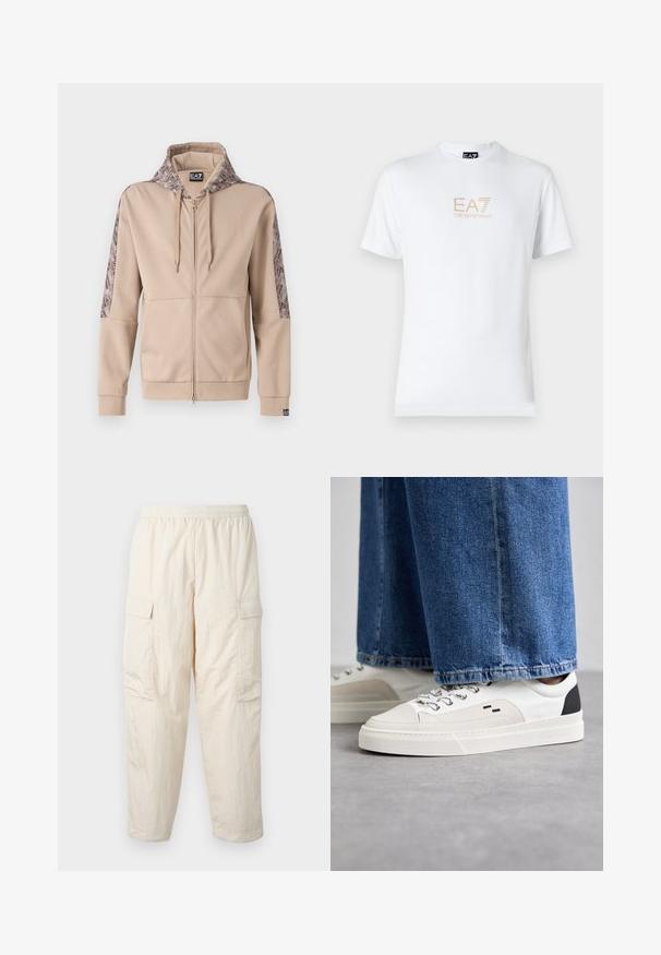 Beige színű zipzáras kapucnis pulóver, mintás kapucnival és ujjal. Elöl cipzárral, bordás mandzsettákkal és logóval díszített hemnél.; Fehér pamut póló, kerek nyakkivágással és rövid ujjakkal, az elején arany EA7 Emporio Armani logóval nyomtatva.; Beige cargo nadrág, elasztikus derékkal, két oldalzsebbel és puha, könnyű anyagból készült. Gyűrött textúra.; Fehér és fekete sportcipők sima bőrből készült felsőrésszel, texturált díszítésekkel és vastag fehér talppal. Klasszikus fűzős kivitel jellemzi.