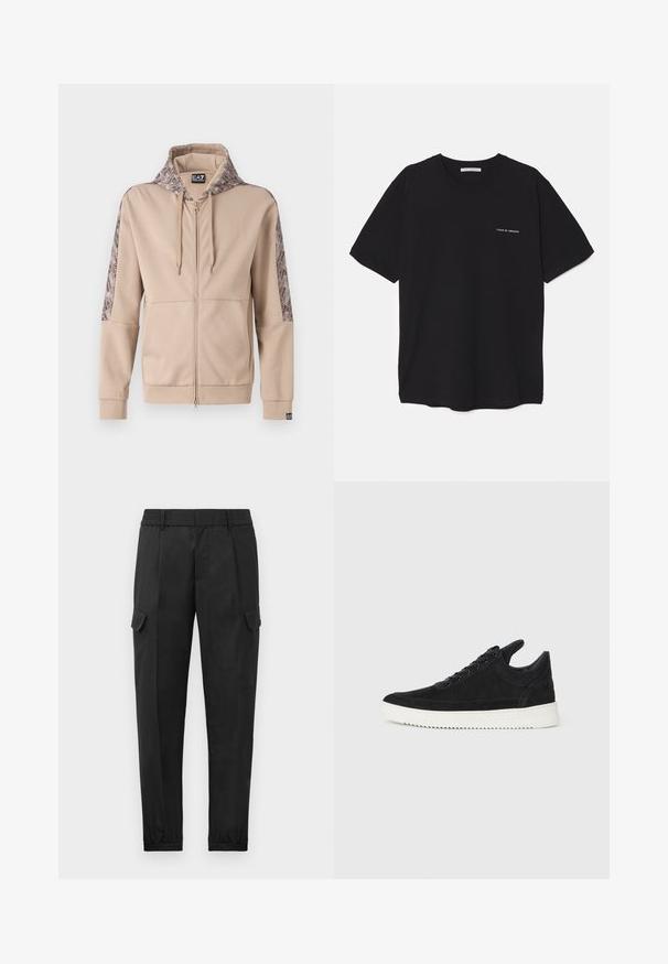 Beige zip-up hette med mønstrete hette og ermer. Har en frontglidelås, ribbestrikkede mansjetter og logodetaljer på kanten.; Svart bomull T-skjorte med rund hals, korte ermer, og hvit logo trykk på venstre bryst. Enkel, ensfarget design.; Svart cargo-bukser med elastisk midje, innsvingte ben, sidelommer og en enkelt cargo-lomme på venstre lår. Glatt tekstur.; Sorte semskede sneakers med hvit gummisåle, med tonale sømmer og snøring. Glatt tekstur med en moderne, strømlinjeformet form.
