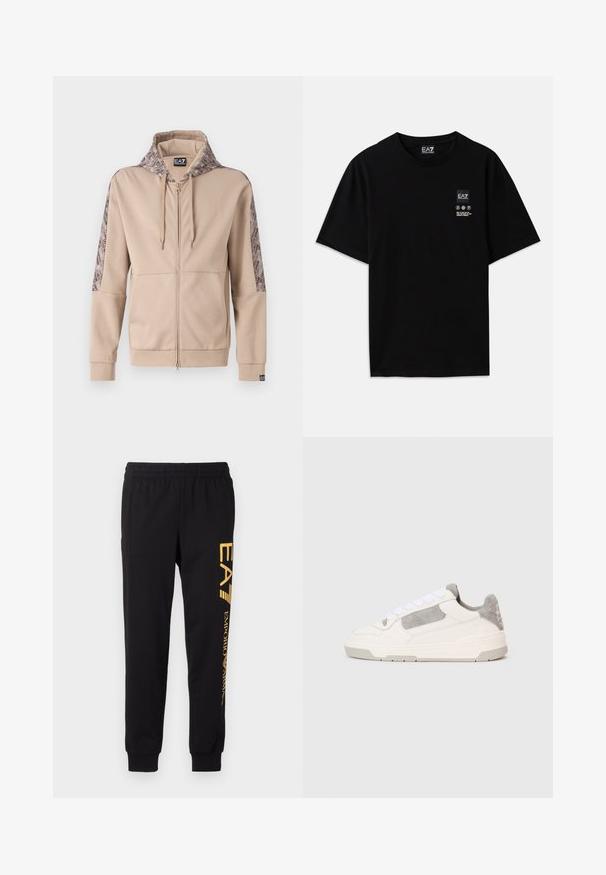 Beež zip-up kapuutsiga, millel on mustrilised kapuuts ja varrukad. Omab eesmist tõmblukk, ribakujulisi mansette ja logo detaili aluses.; Must must-habetic T-särk mustadest puuvilladest lühikeste varrukatega, ümar kaelus ja väike logo silt ees, mis sisaldab hooldusmärke valgena.; Mustad mustad, pehmest kangast, elastse vöökoha ja mansettidega. Vasakul säärel on vertikaalselt prinditud kollane bränd.; Valge ja heledashall madalate tossude paar, millel on valged rihmad ja nahktooted, näidatud külgedelt ühevärvilisel heledal taustal.