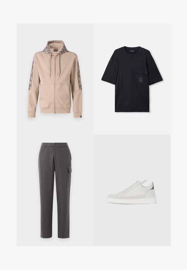 Smėlio spalvos zip-up džemperis su raštuota kapišonu ir rankovėmis. Yra priekinis užtrauktukas, raštuoti rankogaliai ir logotipo detalės ant apačios.; Juodas trumpas rankovės marškinėlis su apvalia kaklo iškirpte, su kišene kairėje krūtinės pusėje, ant kurios yra mažas stačiakampio formos logotipas.; Pilkos kelnės su laisvu kirpimu, pagamintos iš lygios medžiagos. Su mygtukiniais užtrauktukais, šoninėmis kišenėmis ir krovinine kišene ant kojos.; Balti odiniai sportbačiai su pilkais zomšos akcentais, su raišteliais, su traukimo juostele ir tekstūruota guma, kurioje matomas zigzago raštas.