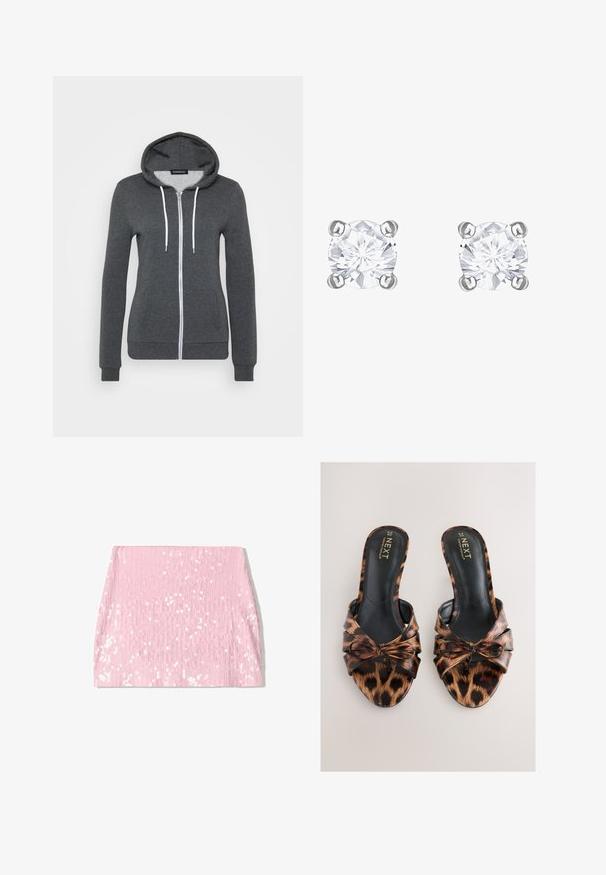 Szürke cipzáras kapucnis pulóver, puha anyagból készült, kapucnival, fehér húzózsinórokkal és két elülső zsebbel. Illeszkedő mandzsettákkal és szegéllyel.; PULL&BEAR Felső - white; Rózsaszín flitteres mini szoknya függőleges bordázott textúrával, testhezálló sziluettel és ragyogó flitterekkel a felületén.; Leopárdmintás, nyitott orrú papucs csomós részlettel elöl. Fényes anyagból készült, sima fekete talpbetéttel és sarokkal.; Kerek, tiszta kubikus zirconia fülbevalók, négy tűs ezüst színű fémből. Minden kő fazettázott, ami csillogó hatást kölcsönöz.