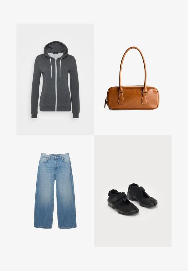 Siva zip-up dukserica od mekog materijala, s kapuljačom, bijelim vrpcama i dva prednja džepa. Uski manžeti i rub.; PULL&BEAR Top - white; Svijetloplave široke traperice izrađene od denima, s klasičnim dizajnom pet džepova i zatvaranjem na gumb. Ispucala textura cijelim površinom.; Crne vodene cipele od fleksibilnog materijala s čičak trakama, s jedinstvenim dizajnom razdvojenog prsta i teksturiranom gumenom potplatom za bolje prianjanje.; Smeđa kožna torba s dva dugačka ručka, pravokutnog oblika, glatke teksture, zatvaranje na patentni zatvarač i akcenti od srebrnog tona.